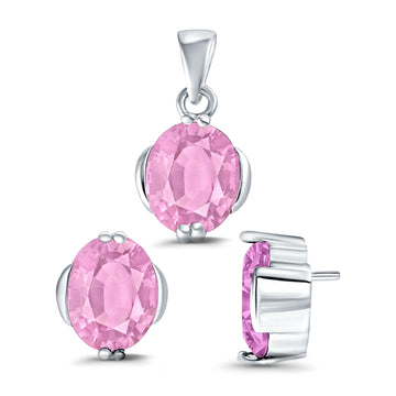 Jewelry Set Pendant Earring Oval Simulated Pink Cubic Zirconia 925 Sterling Silver